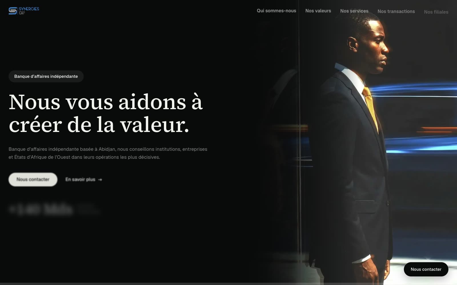The Synergies Capital site — a dark hero reading “Nous vous aidons à créer de la valeur”